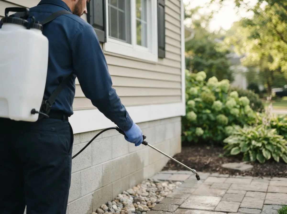 Pest control technician inspecting a home in Reynoldsville, WV